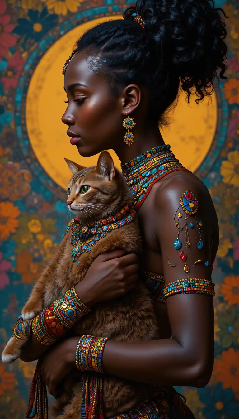 Afrikanische Frau im Profil mit Sphynx-Katze und Schmuck