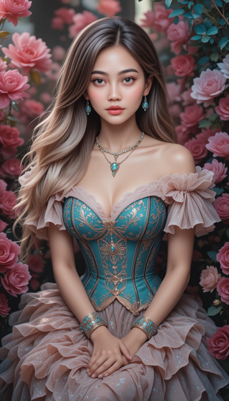 Elegant young woman in teal corset dress among flowers