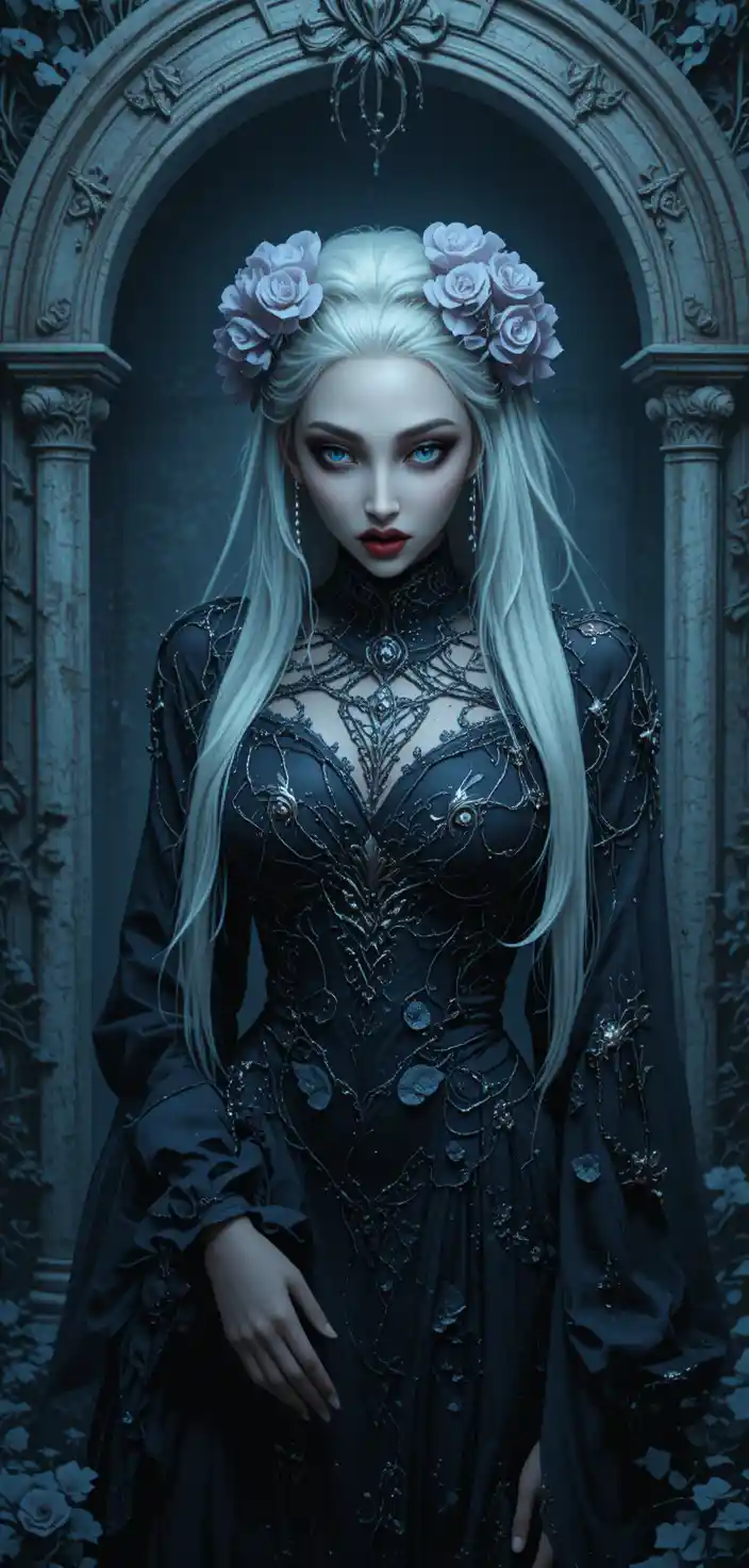Mourning women pass a tomb in a dark silent room