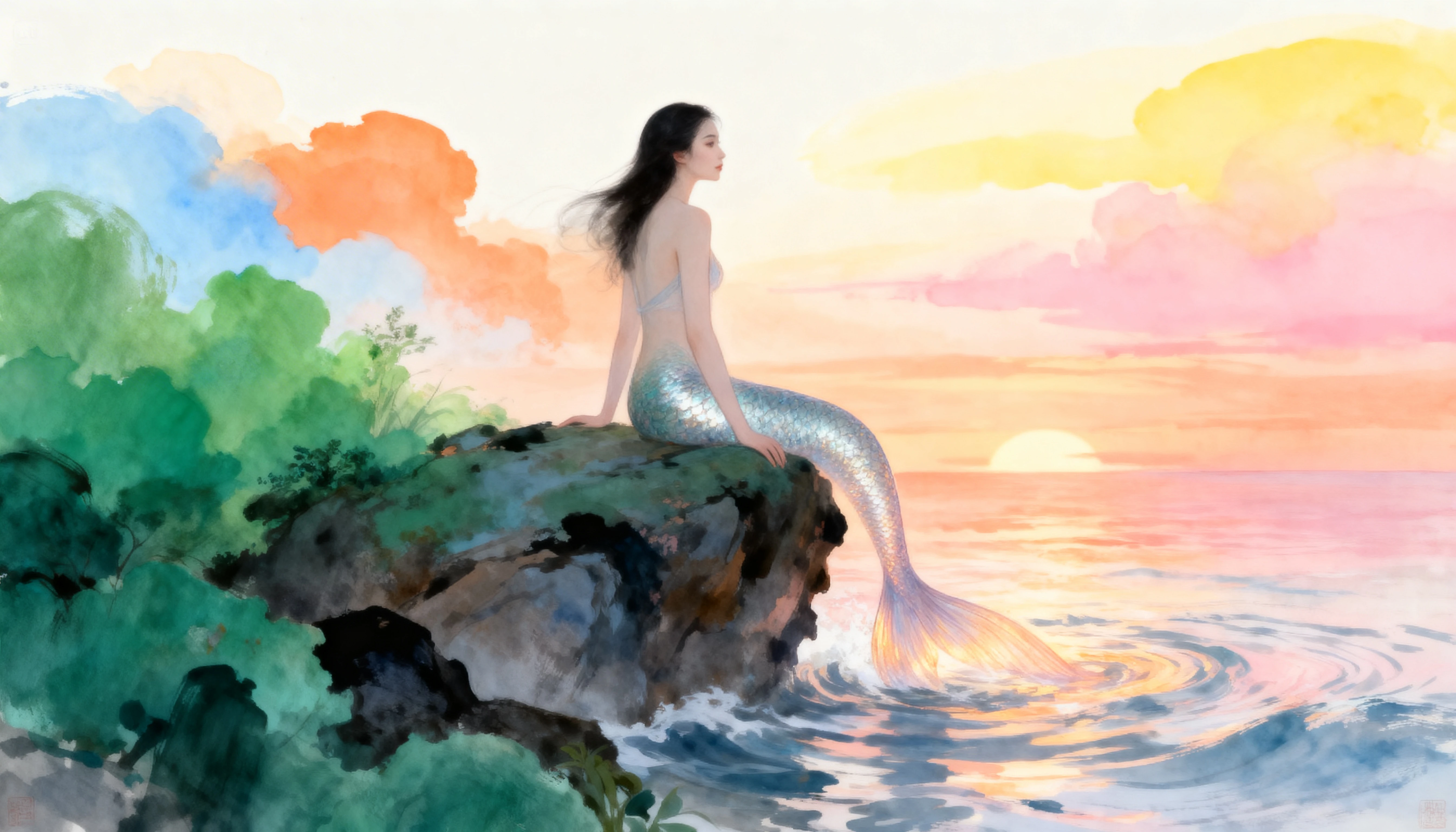 Sirena serena sugli scogli al tramonto in pittura a inchiostro pastello