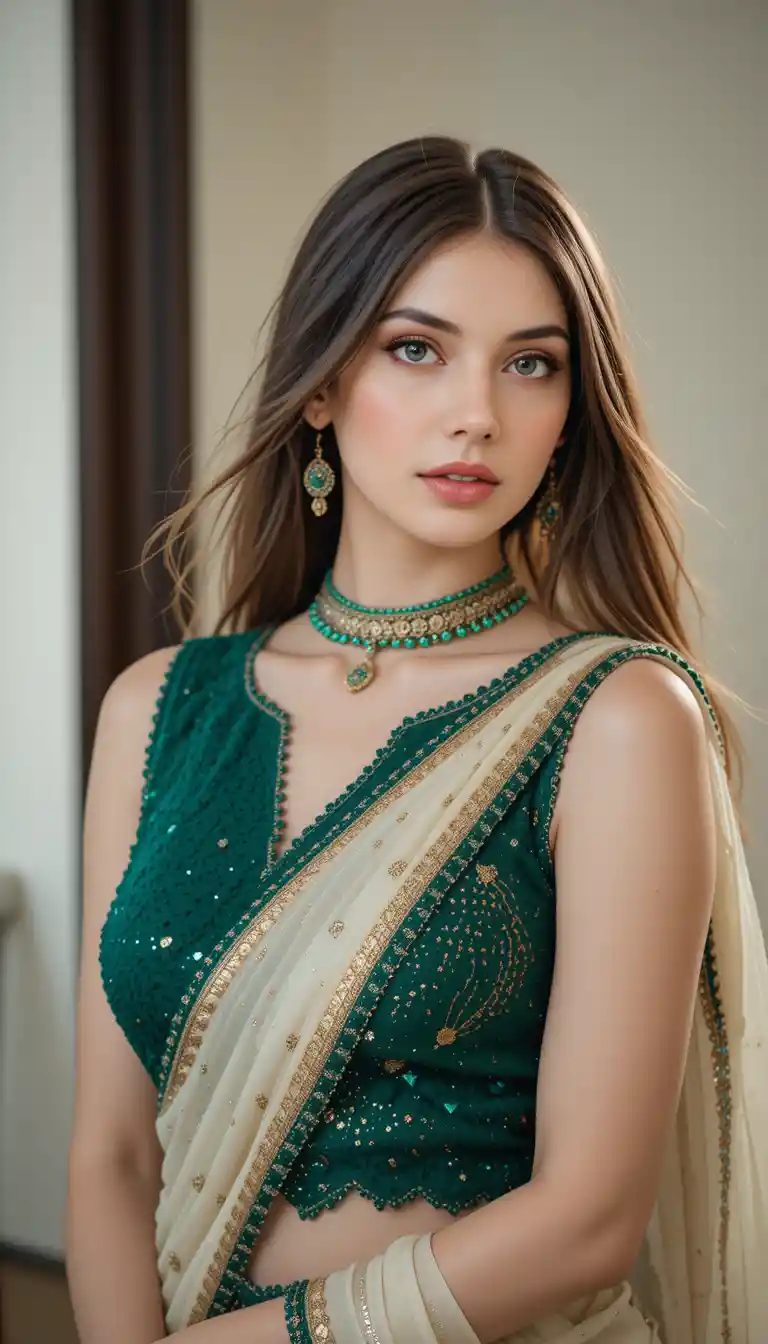 Elegant girl in emerald blouse and cream saree portrait