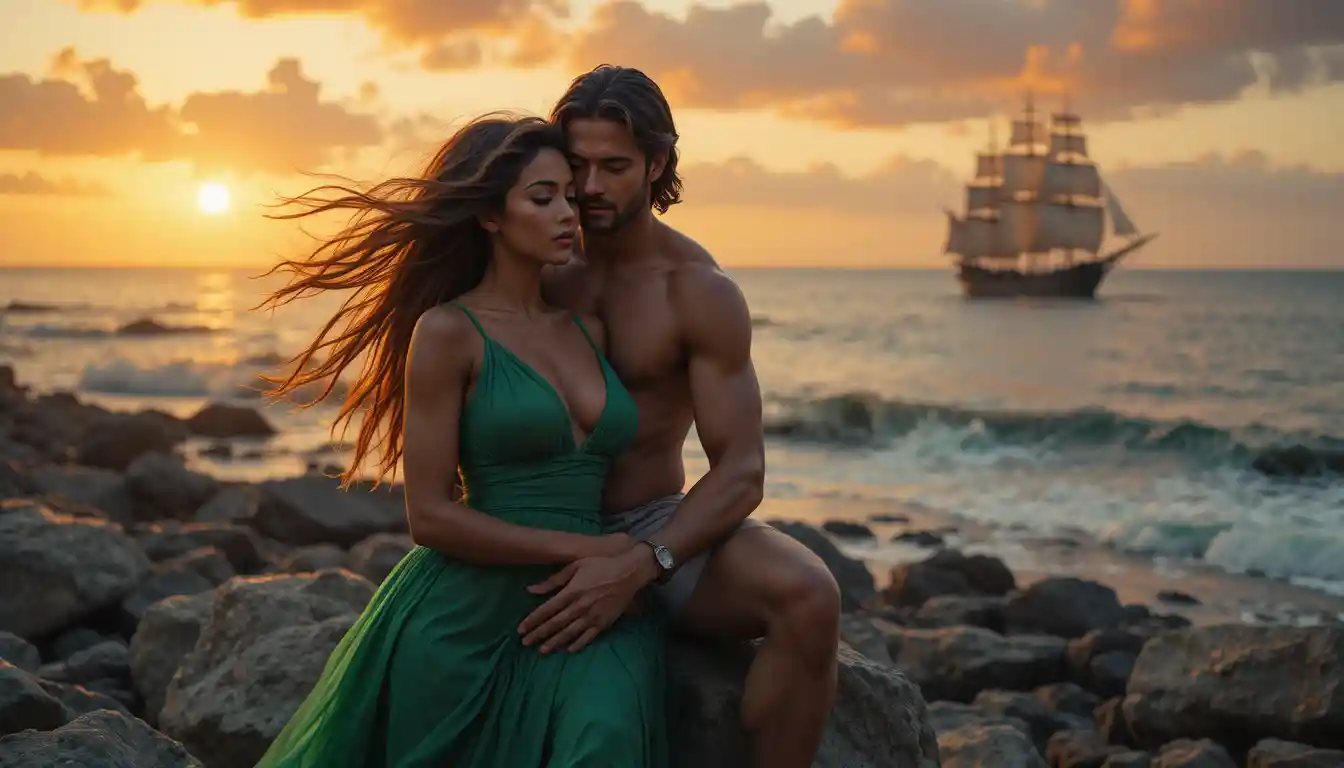 Coppia romantica che si abbraccia su una costa rocciosa al tramonto