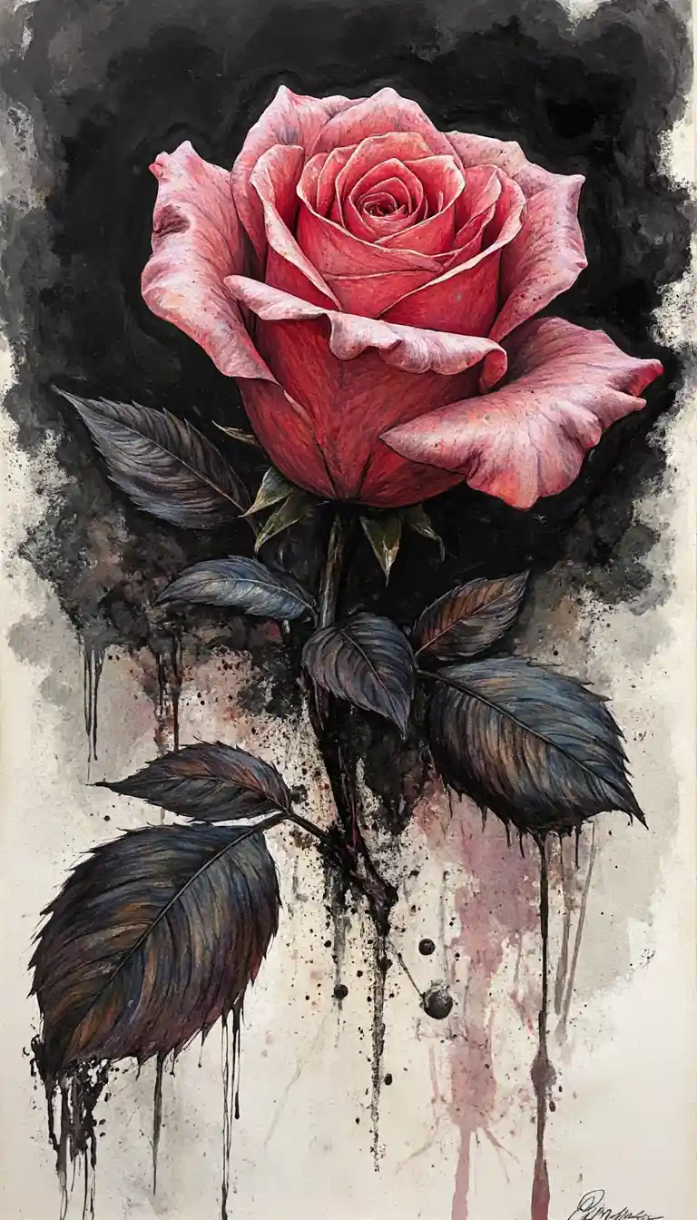 Abstract rose in dramatic black ink and color