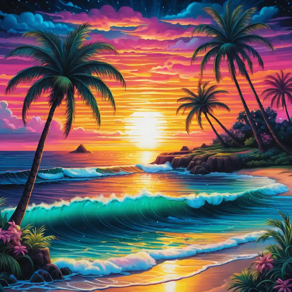 Neon-Sonnenuntergang am Meer mit Palmensilhouetten und Mimosenrahmen