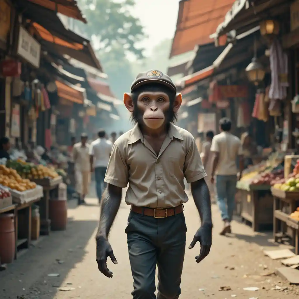 Monkey in clothes walking through busy Indian street market