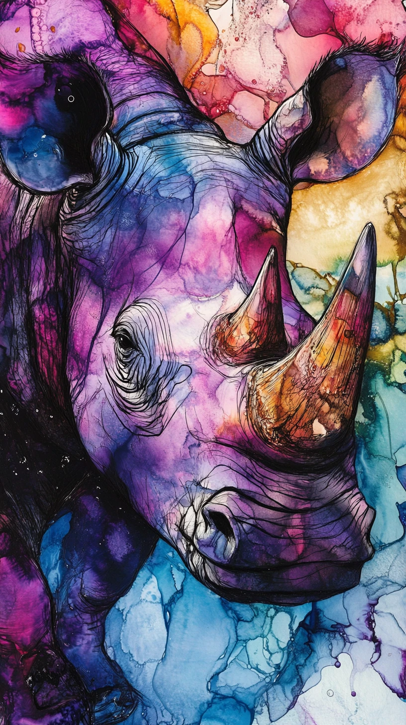 Rhinocéros abstrait à l’encre noire avec accents colorés surréalistes