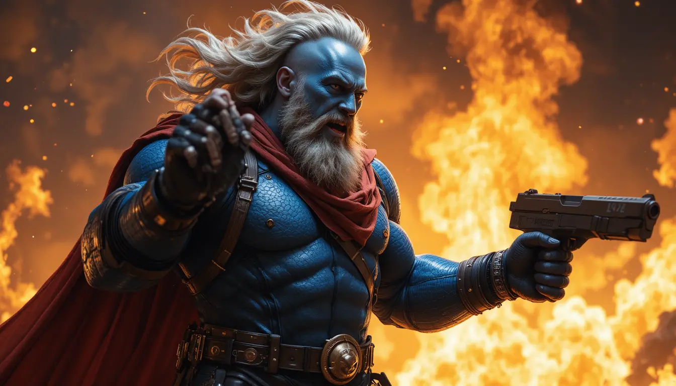 Bald superhero aiming a gun before a blazing backdrop