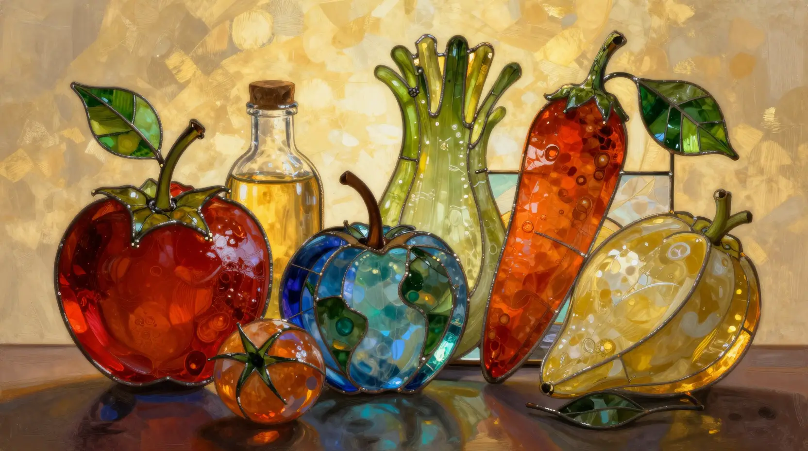 Surreal stained glass food still life in golden light