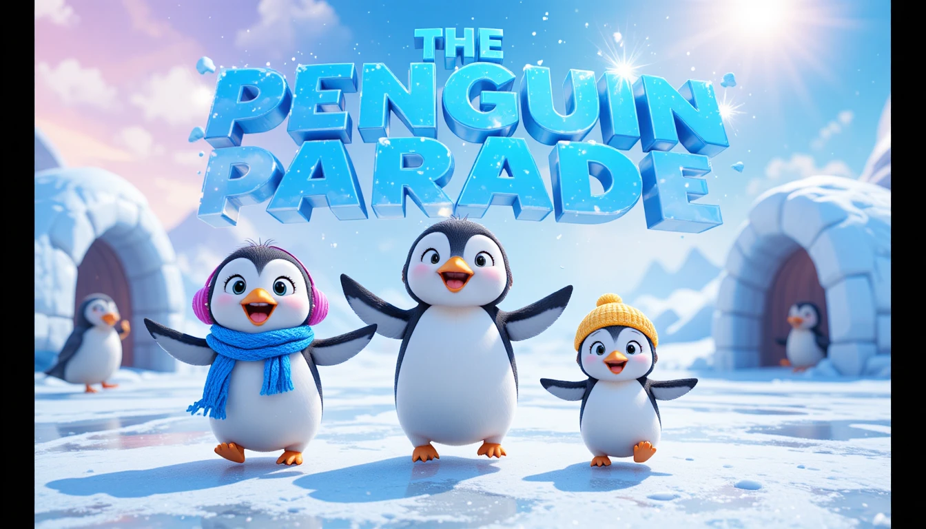 Cute 3D penguins sliding on sparkling Antarctic ice