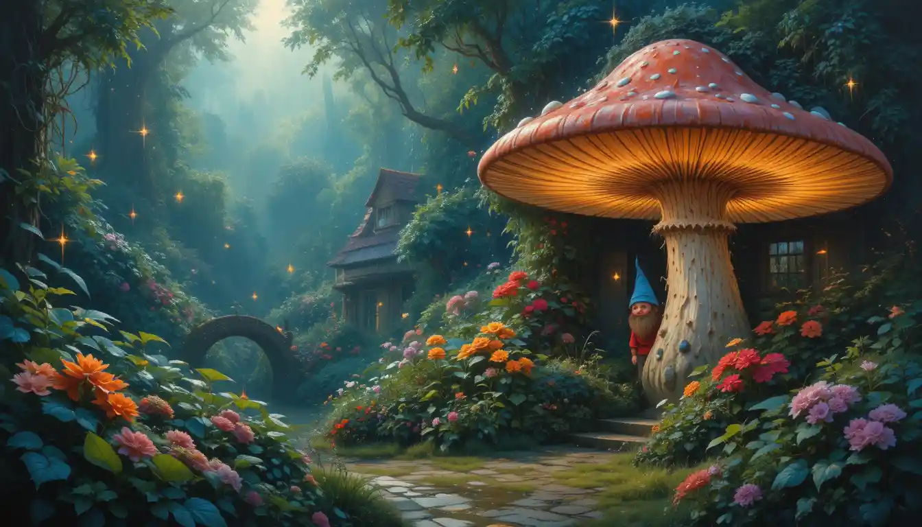 Impressionist garden gnome among glowing mushrooms and fireflies