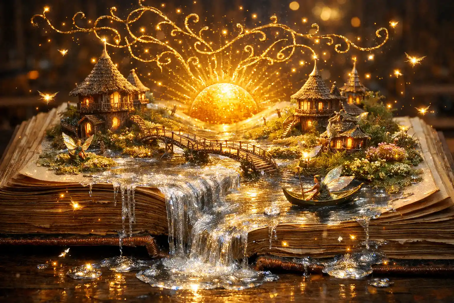 Ancient Magic Book Revealing A Glowing Miniature Fantasy World