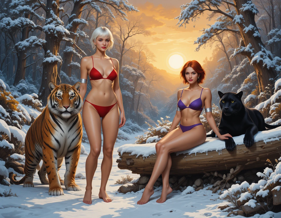 Guerreiras fantásticas com grandes felinos em floresta nevada