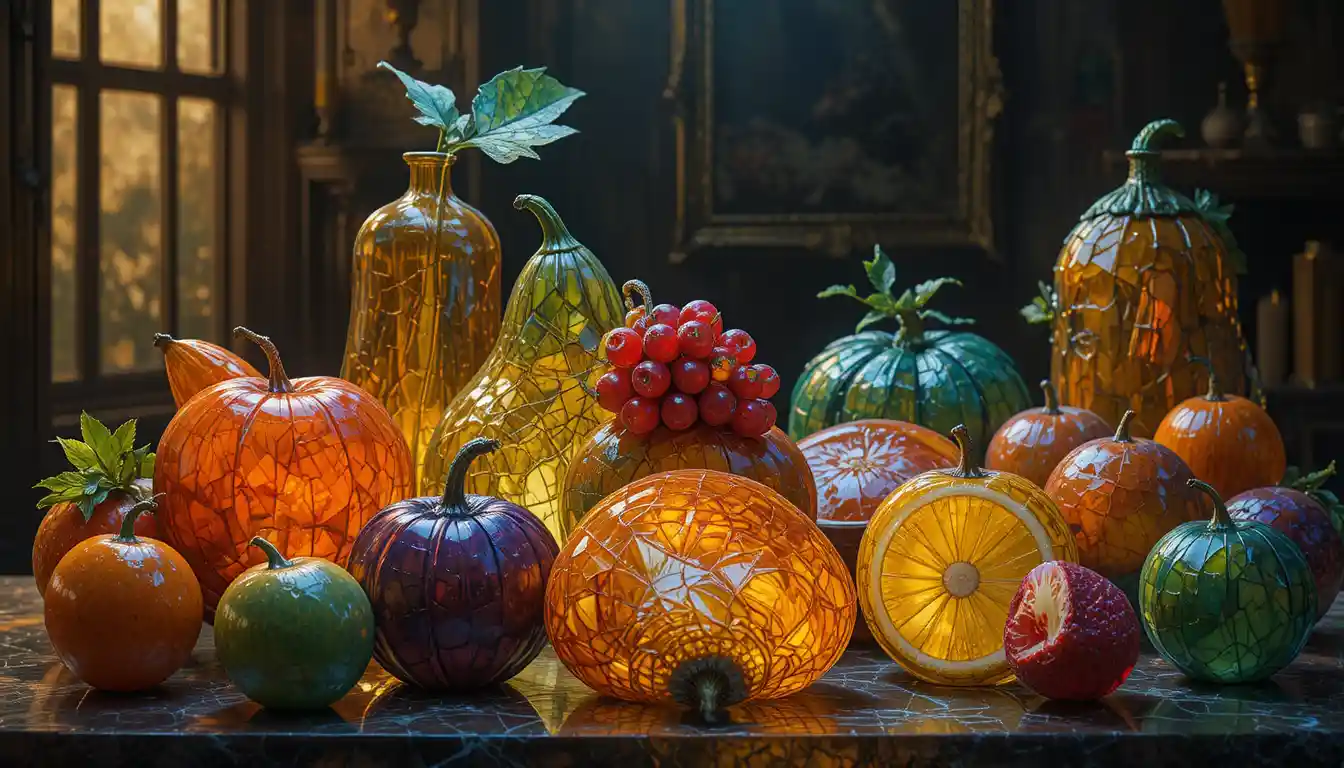 Surreal stained glass still life of glowing food