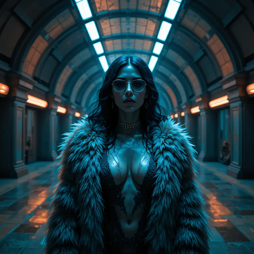 Femme fatale in an underwater noir ballroom scene