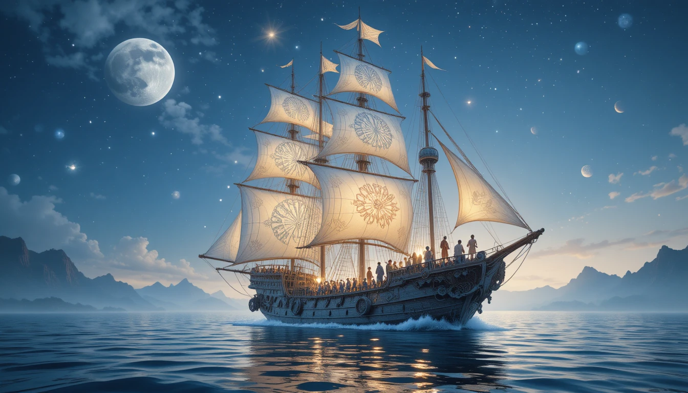 星明かりの海をすべる魔法の帆船