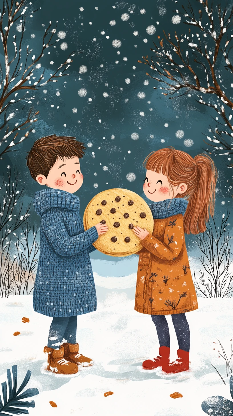 Two children sharing a giant cookie at dusk in ink illustration