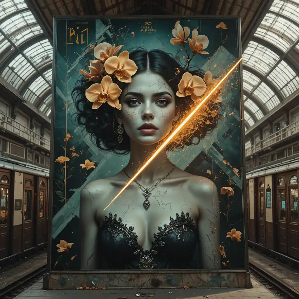 Retro futurist fashion billboard in abandoned train hall