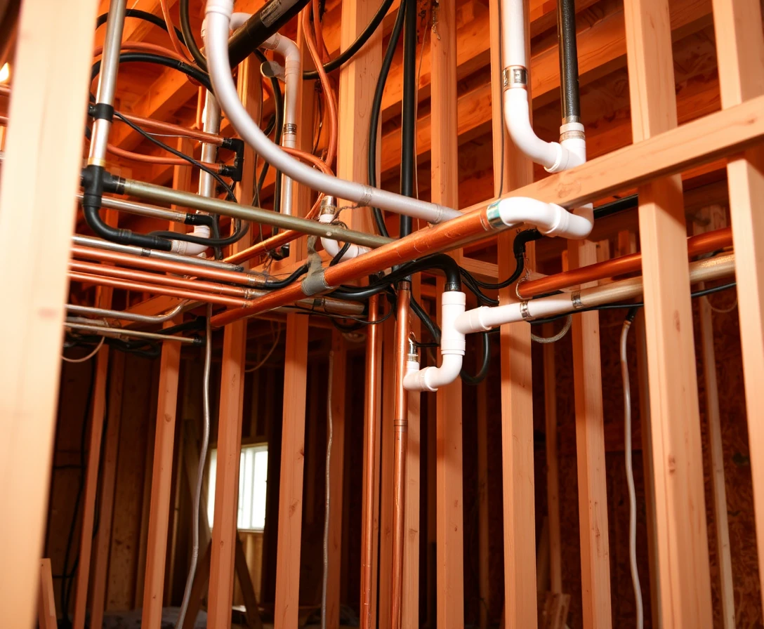 Copper and PVC plumbing network in a framed house interior