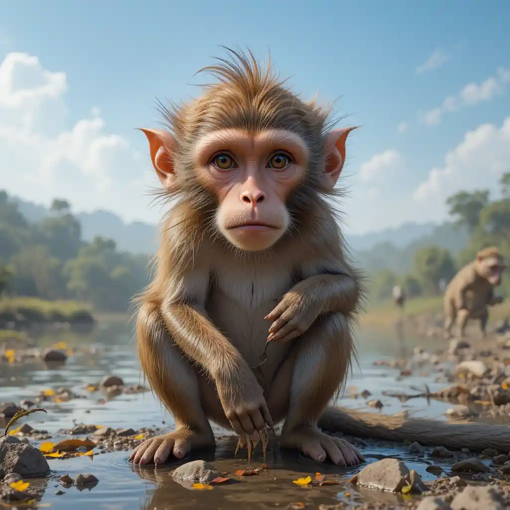 Monkey near an Indian village pond watching fishermen work