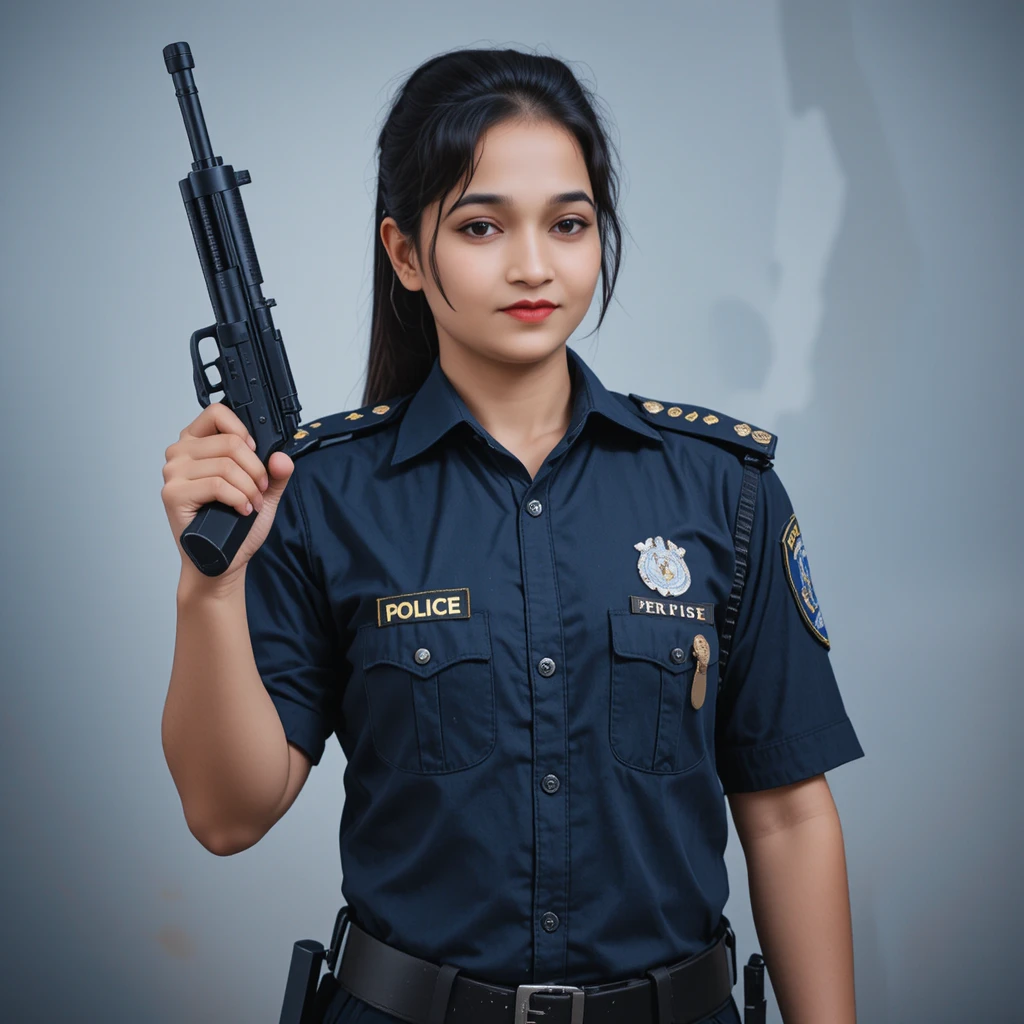 회색 배경에서 총을 든 에너지 넘치는 인도 경찰관