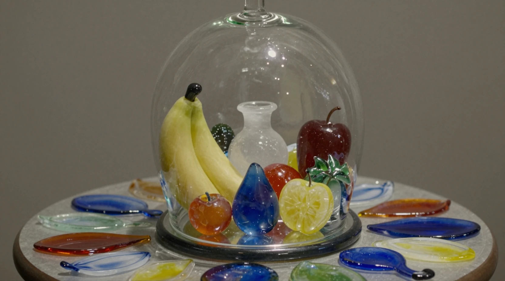 Frutas de vidrio surrealistas dispuestas sobre una colorida mesa de vidrio