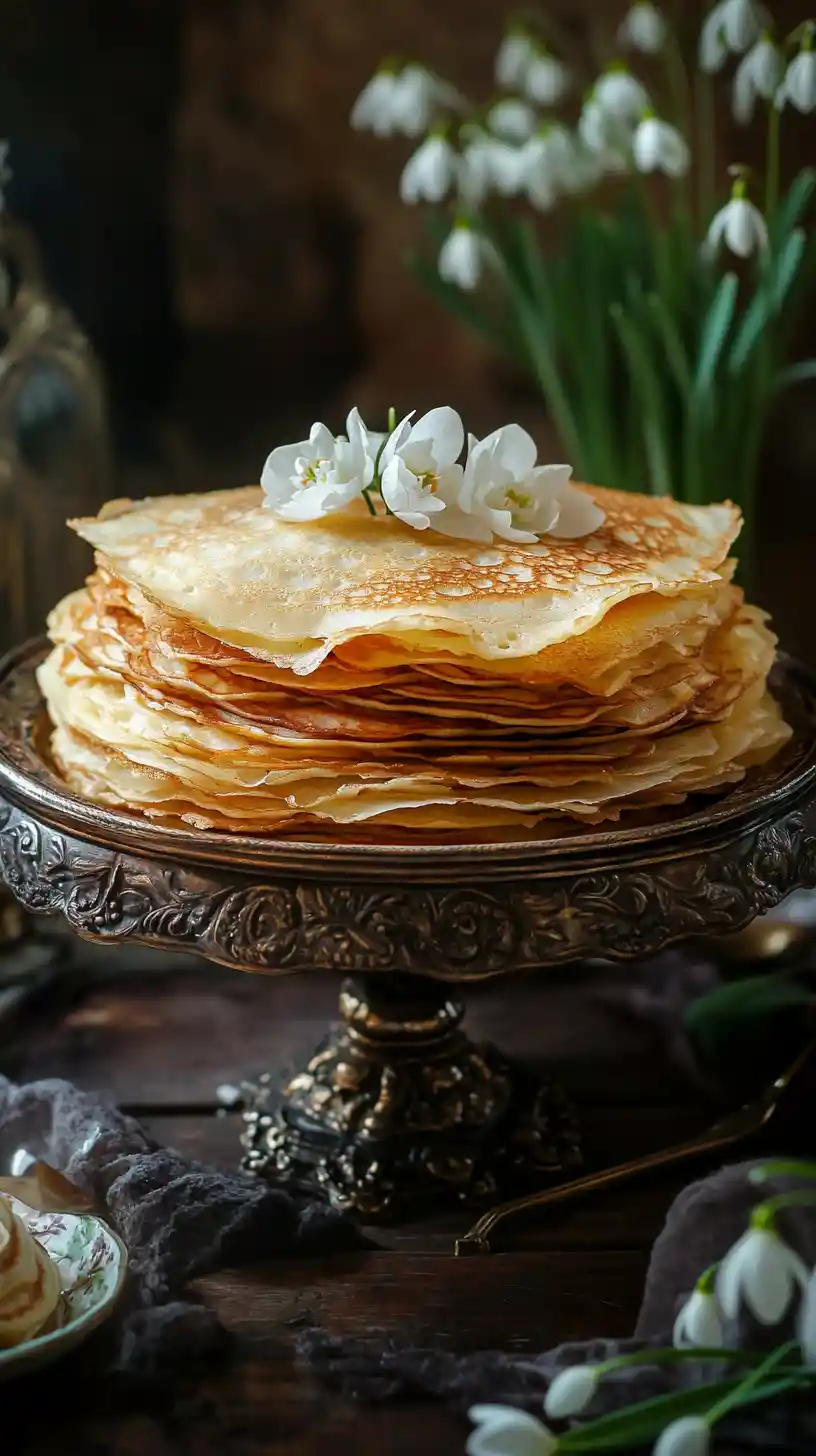 Torre de panqueques rusos tradicionales en una mesa ornamentada de Maslenitsa