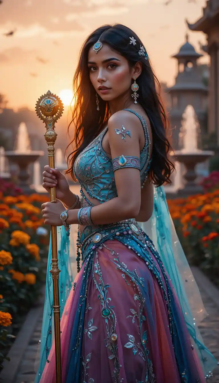 Indian warrior woman in jeweled costume at sunset garden
