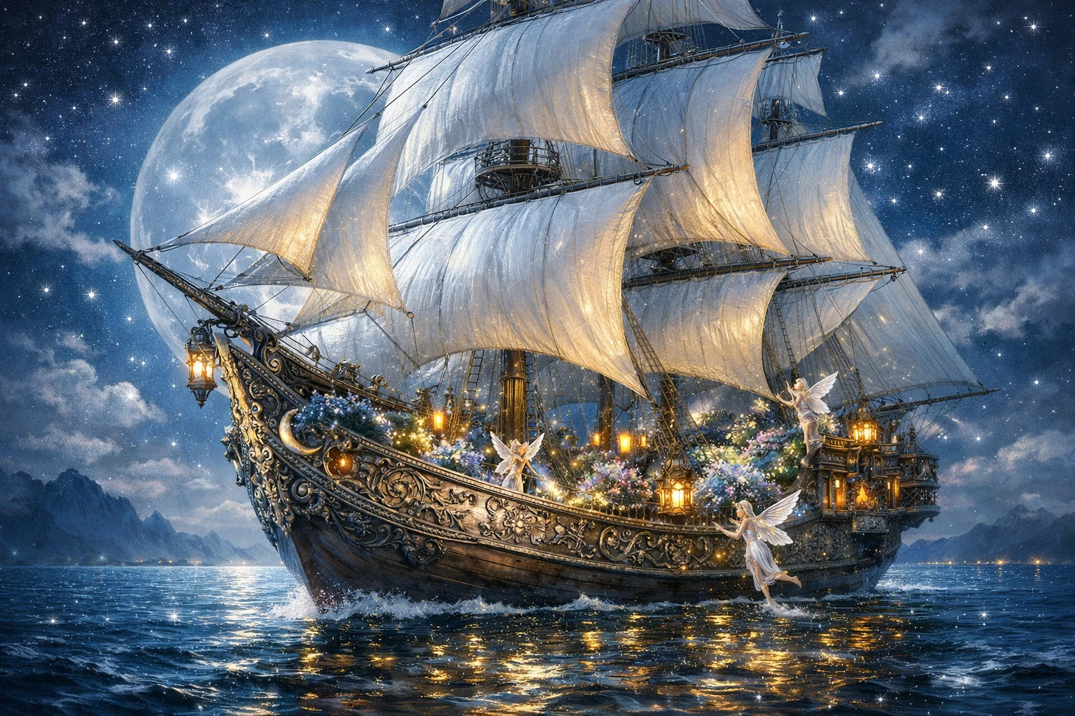 Moonlit sailing ship gliding across a tranquil starlit ocean