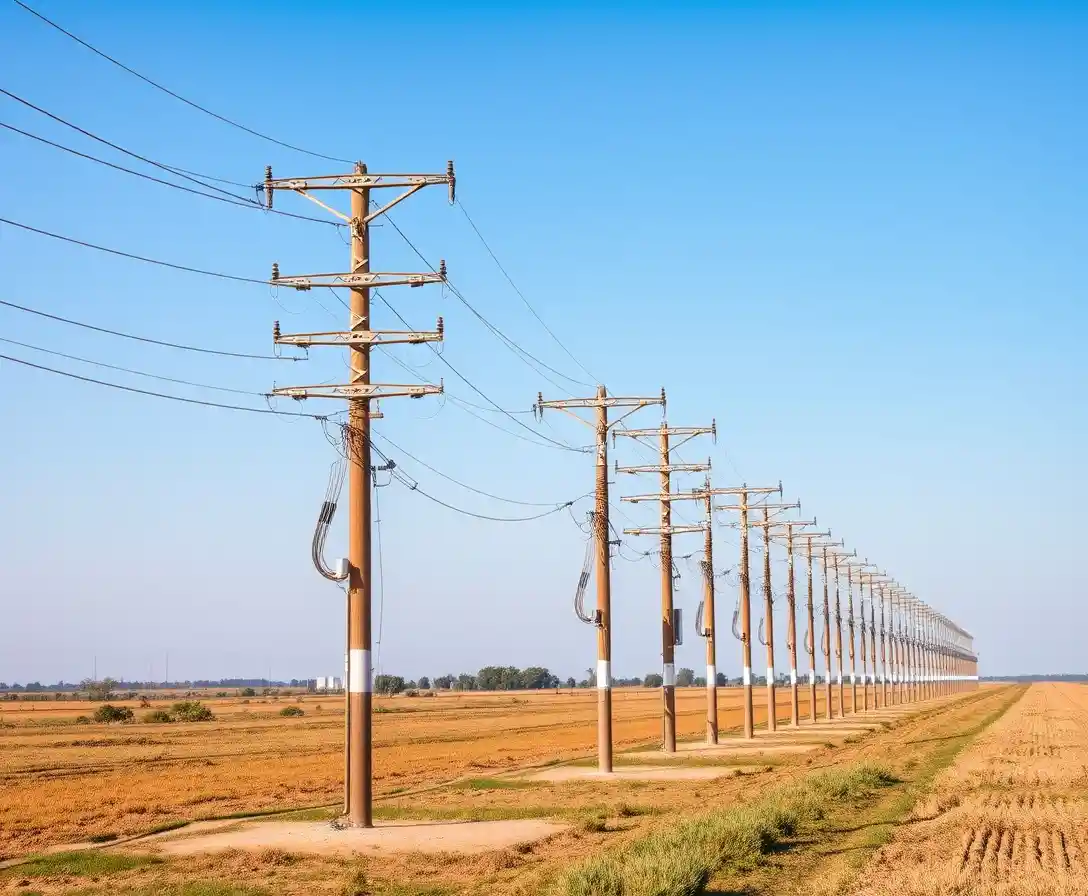 Utility poles in a row across an open field