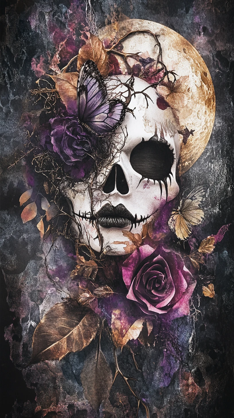 Surreal skull collage with butterfly mask and moon elements