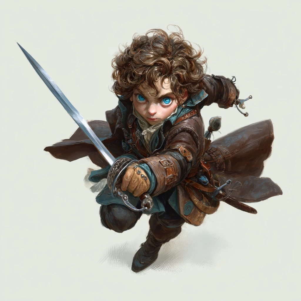 Halblingsschurke mit Rapier in düsterer Fantasykleidung