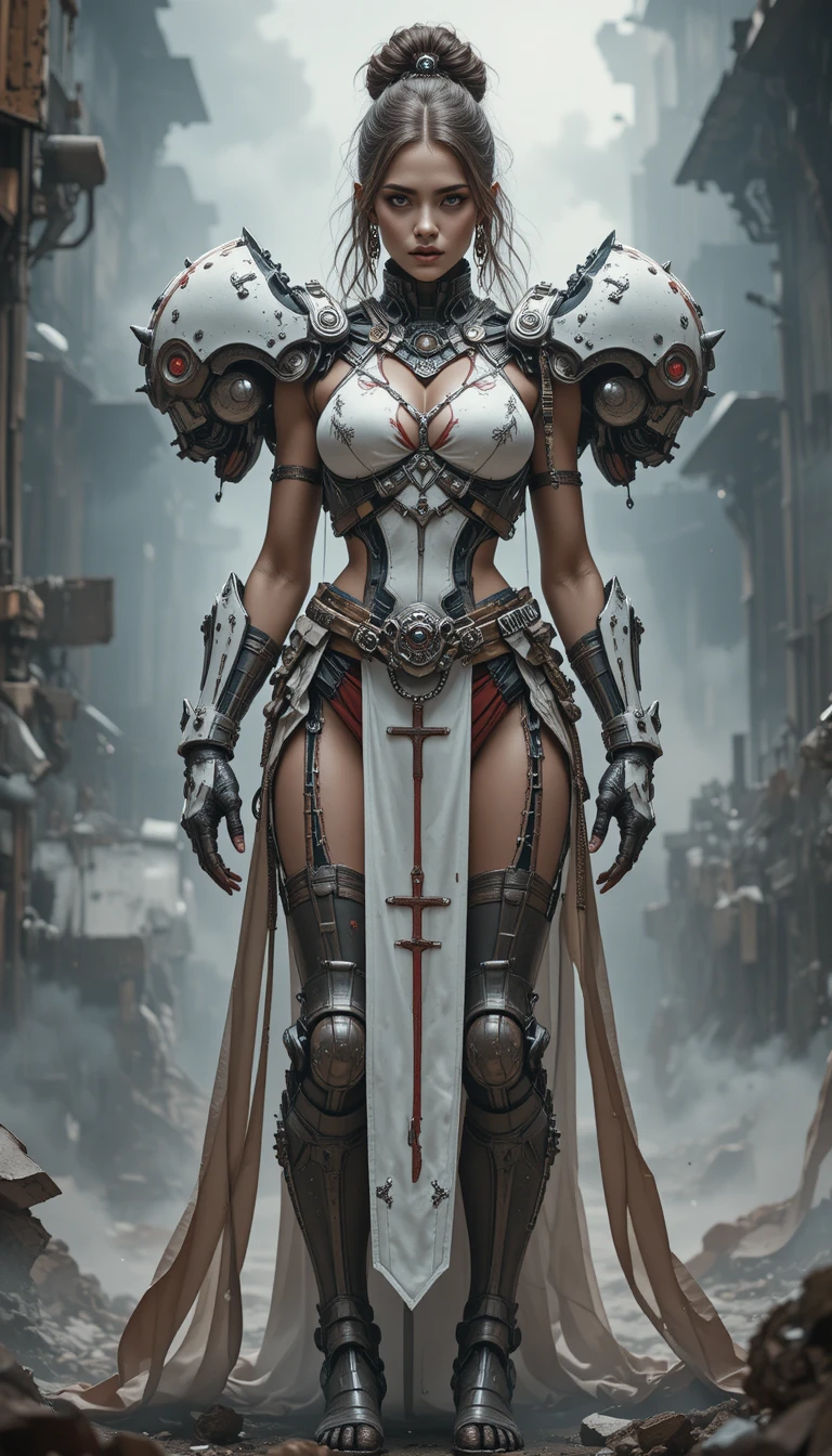 Armored warrior woman in a massive robotic exoskeleton