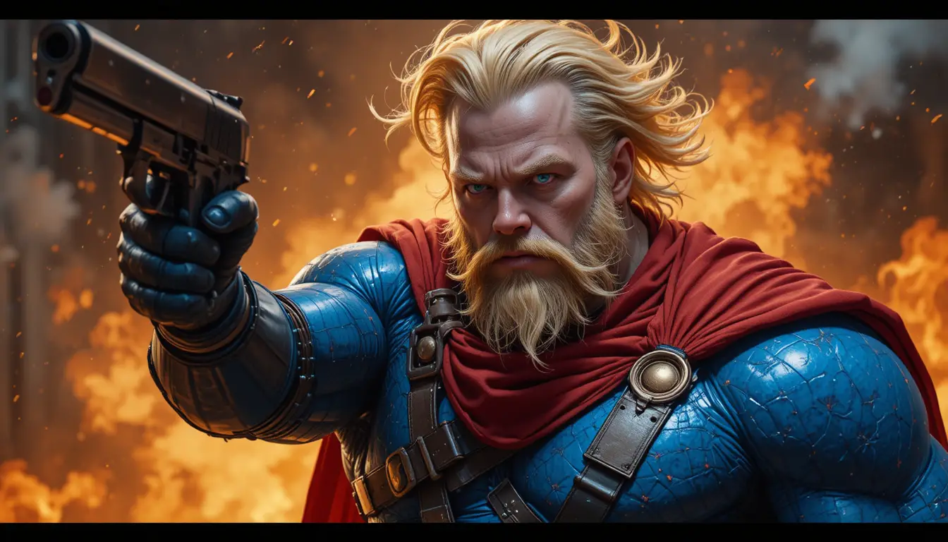 Muscular bald superhero aims gun against blazing background