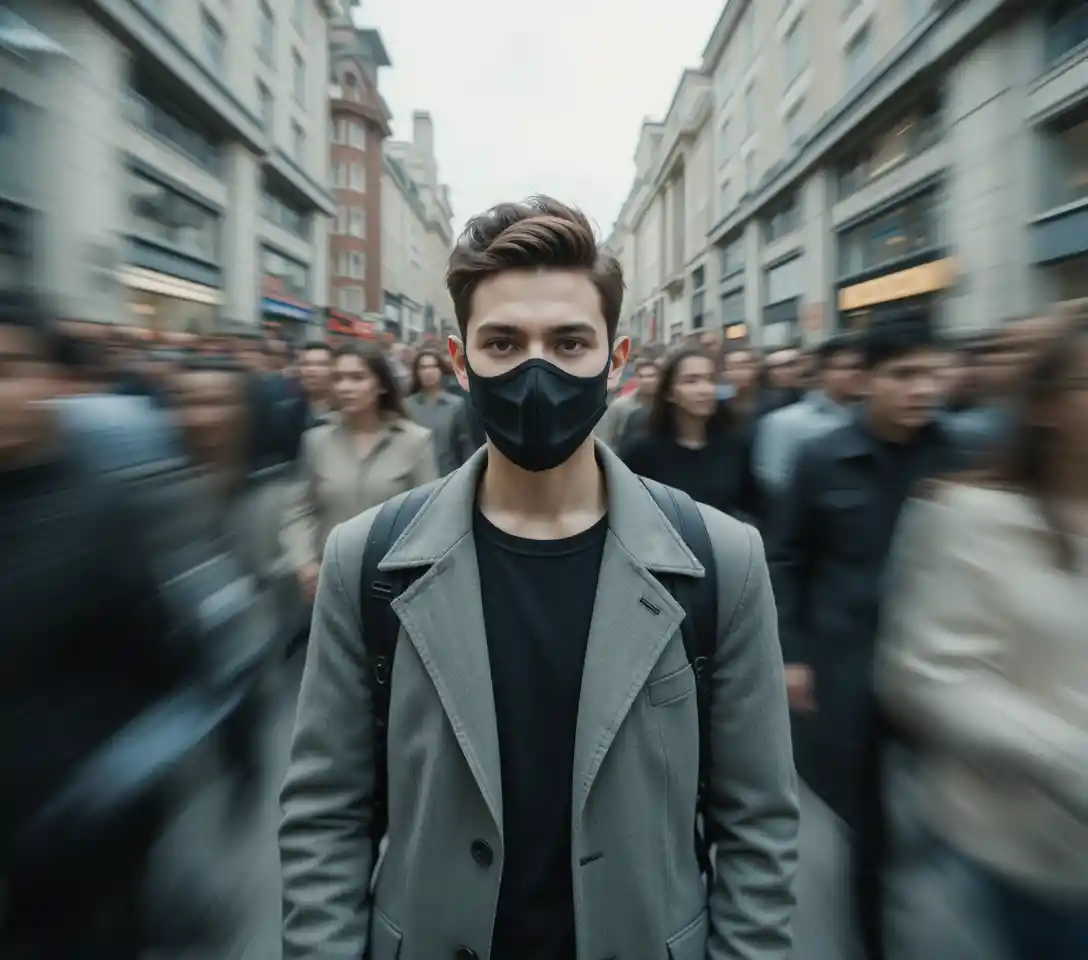 Young man in mardi gras mask holding still in busy street