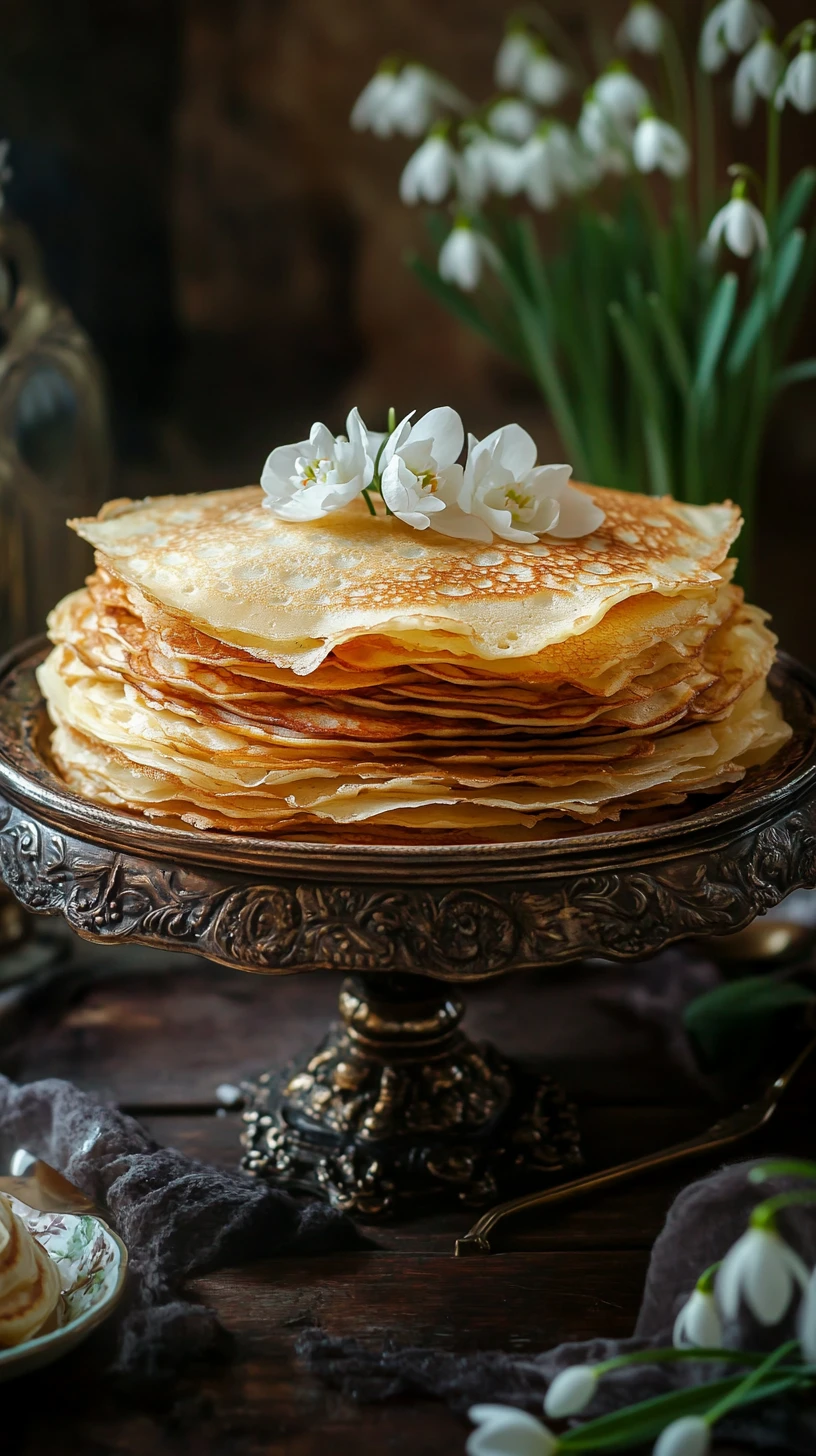 Torre de panqueques rusos tradicionales en una mesa ornamentada de Maslenitsa
