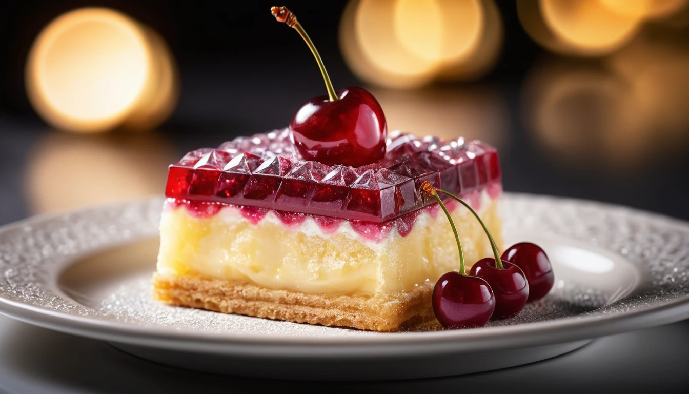 Postre reluciente como una joya con cobertura de cereza rojo rubí