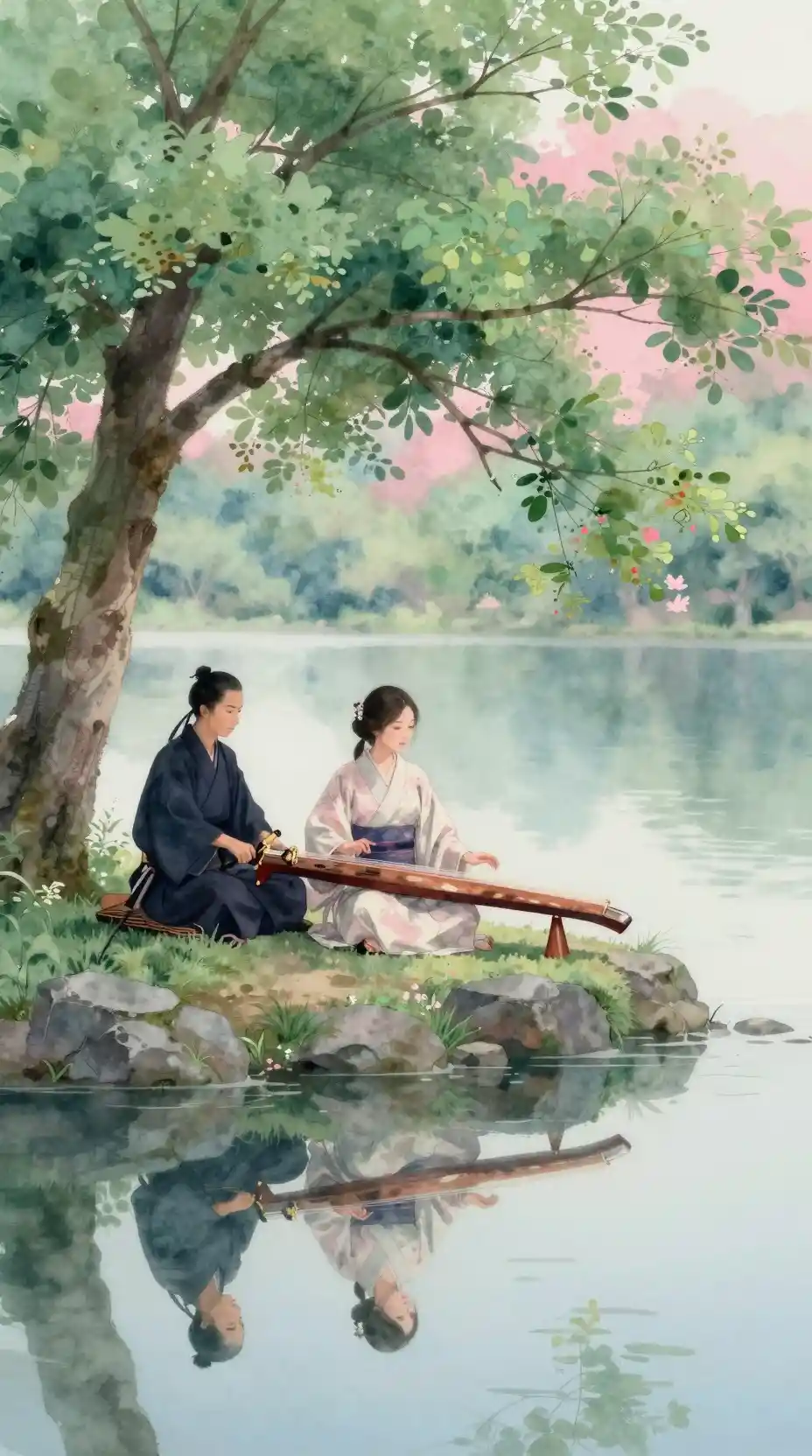 Woman playing koto by a tranquil lakeside tree