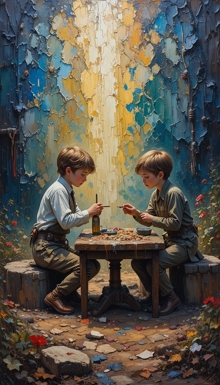Impasto painting of two children playing a childhood war game