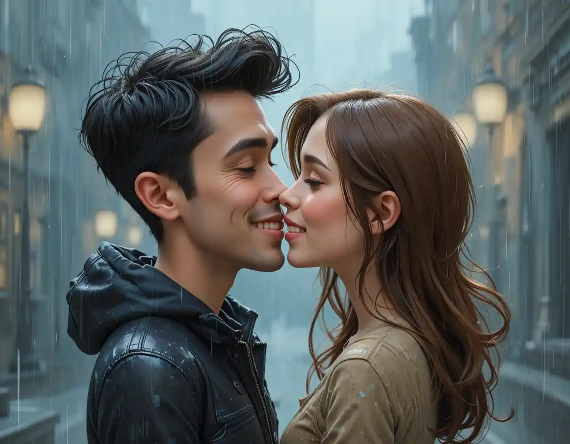 Couple sharing a hesitant kiss together in the rain