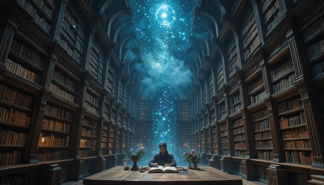 Erudito en una antigua biblioteca bajo un cielo celestial de estanterías flotantes
