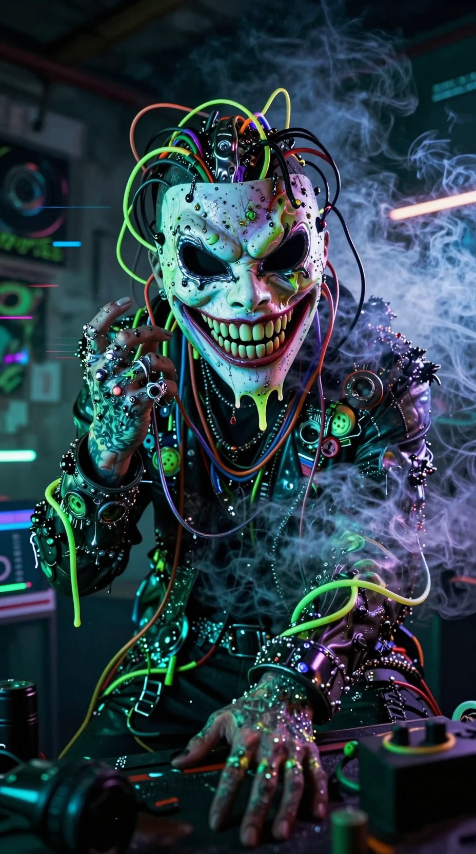 Masked artist in neon wired mask in underground studio