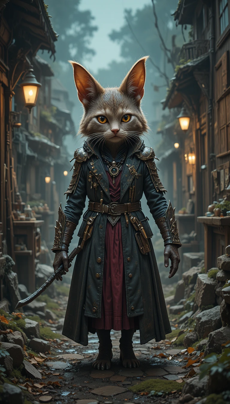 Gatto robot solitario che cammina in un vicolo cyberpunk al neon