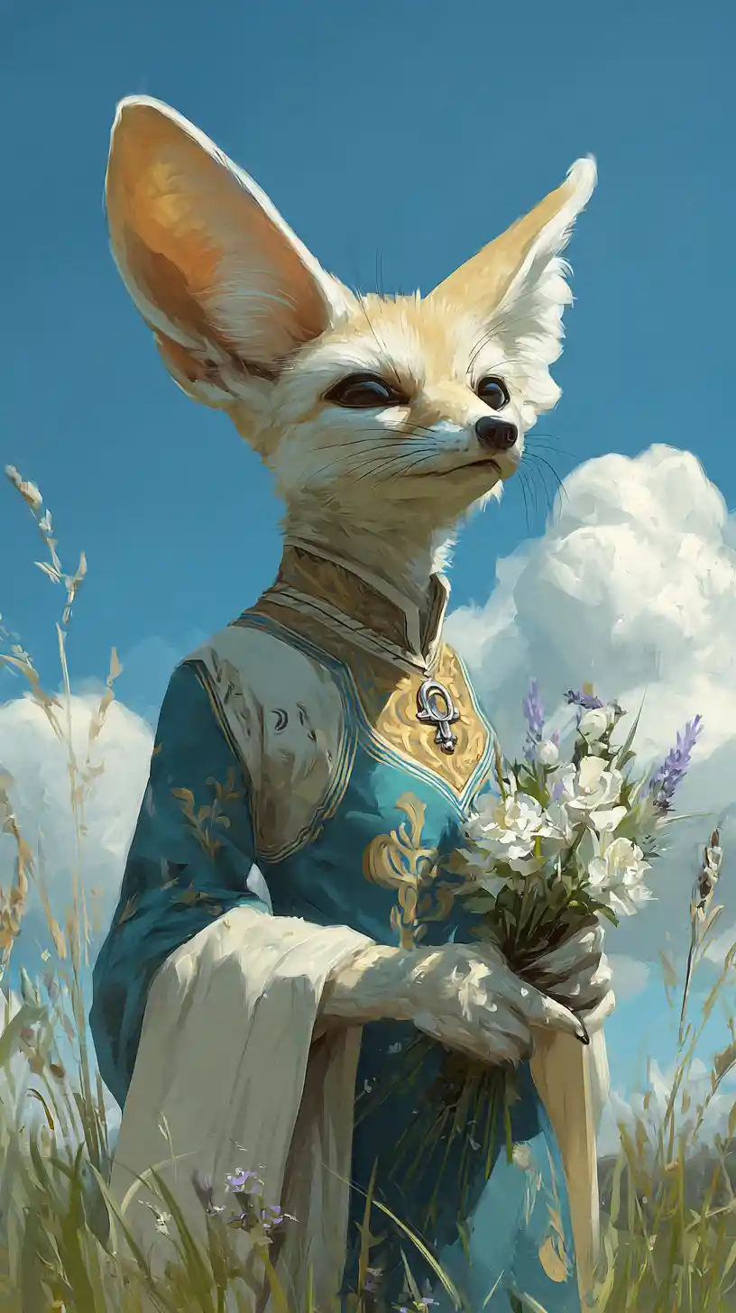 Zorro fénec antropomórfico con traje tradicional y flores silvestres