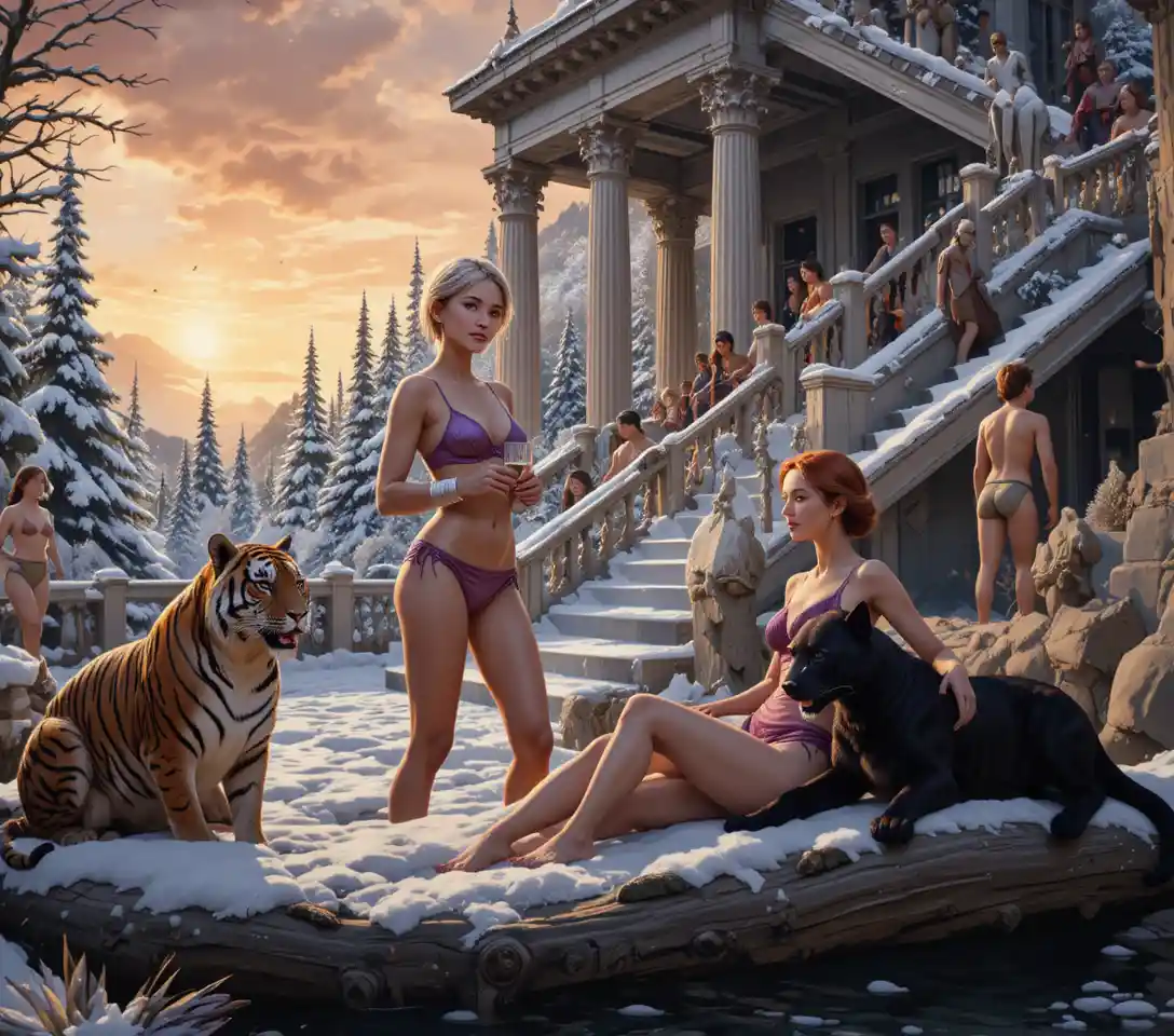 Guerreiras fantasiosas com grandes felinos em floresta nevada