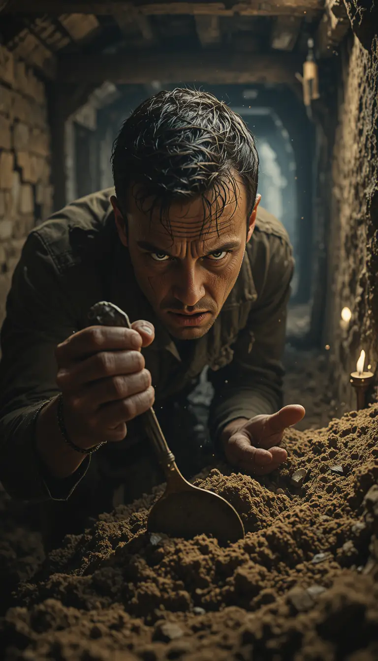 Exhausted World War Two prisoner digging in a narrow tunnel