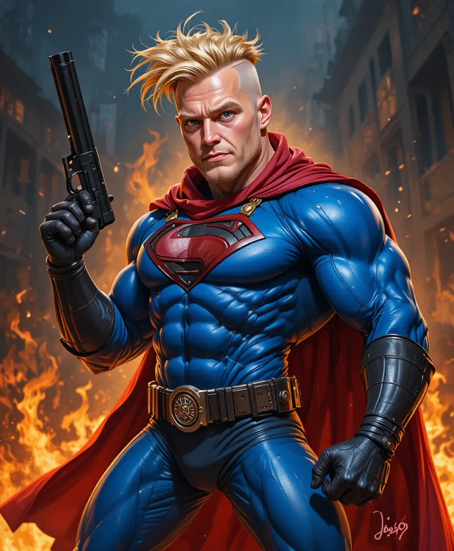 Muscular superhero with gun against blazing fiery backdrop