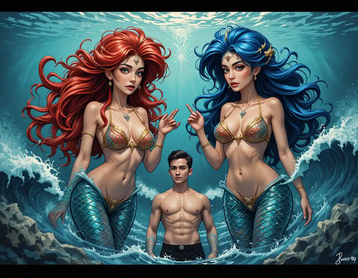 Two colorful mermaids floating together in a dark ocean