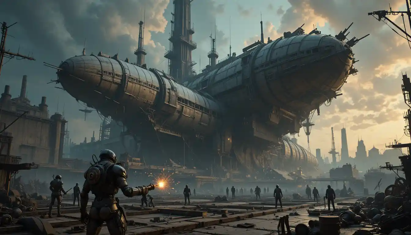 Colossal Steampunk Airships Rising In A Forgotten Shipyard