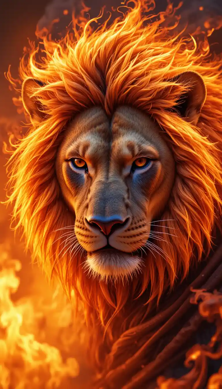 Fiery lion portrait with blazing mane and intense eyes