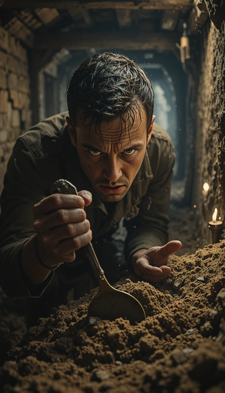 Exhausted World War Two prisoner digging in a narrow tunnel